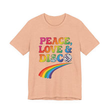 Load image into Gallery viewer, Peace, Love &amp; Disco – Retro 70s Music Graphic Tee (Unisex) Heather Peach
