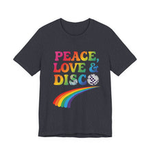 Load image into Gallery viewer, Peace, Love &amp; Disco – Retro 70s Music Graphic Tee (Unisex) Heather Navy
