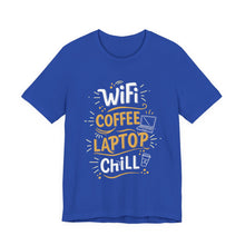 Load image into Gallery viewer, WiFi, Coffee, Laptop, Chill – Work From Home Graphic Tee (Unisex) True Royal