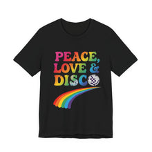 Load image into Gallery viewer, Peace, Love &amp; Disco – Retro 70s Music Graphic Tee (Unisex) Black
