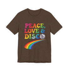Load image into Gallery viewer, Peace, Love &amp; Disco – Retro 70s Music Graphic Tee (Unisex) Heather Brown

