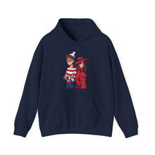 Load image into Gallery viewer, Where’s Waldo and Carmen Sandiego – Retro Mystery Crossover Pull-Over Hoodie (Unisex) Navy