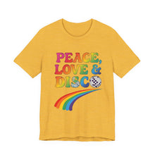 Load image into Gallery viewer, Peace, Love &amp; Disco – Retro 70s Music Graphic Tee (Unisex) Heather Yellow Gold

