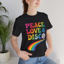 Load image into Gallery viewer, Peace, Love &amp; Disco – Retro 70s Music Graphic Tee (Unisex)

