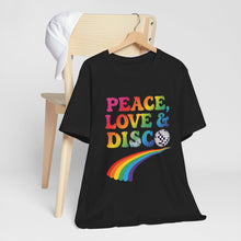 Load image into Gallery viewer, Peace, Love &amp; Disco – Retro 70s Music Graphic Tee (Unisex)
