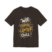 Load image into Gallery viewer, WiFi, Coffee, Laptop, Chill – Work From Home Graphic Tee (Unisex) Brown