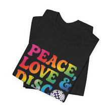 Load image into Gallery viewer, Peace, Love &amp; Disco – Retro 70s Music Graphic Tee (Unisex)
