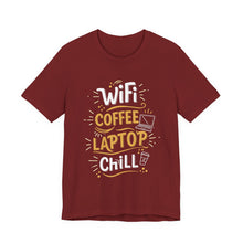 Load image into Gallery viewer, WiFi, Coffee, Laptop, Chill – Work From Home Graphic Tee (Unisex) Cardinal