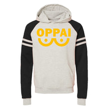 Load image into Gallery viewer, OPPAI Varsity Raglan Pull Over Hoodie Oatmeal Heather Black Ink
