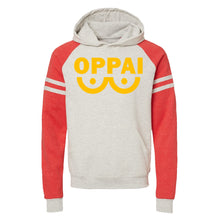 Load image into Gallery viewer, OPPAI Varsity Raglan Pull Over Hoodie Oatmeal Heather Fiery Red
